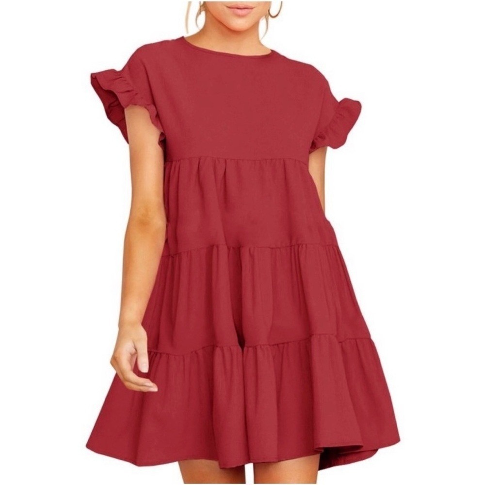 Womens Burgundy Babydoll Ruffle Dress Size Small Bohemian Cottagecore Coquette